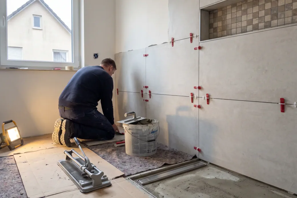 Bad im Bau mit großformatigen Fliesen und Mosaiknische