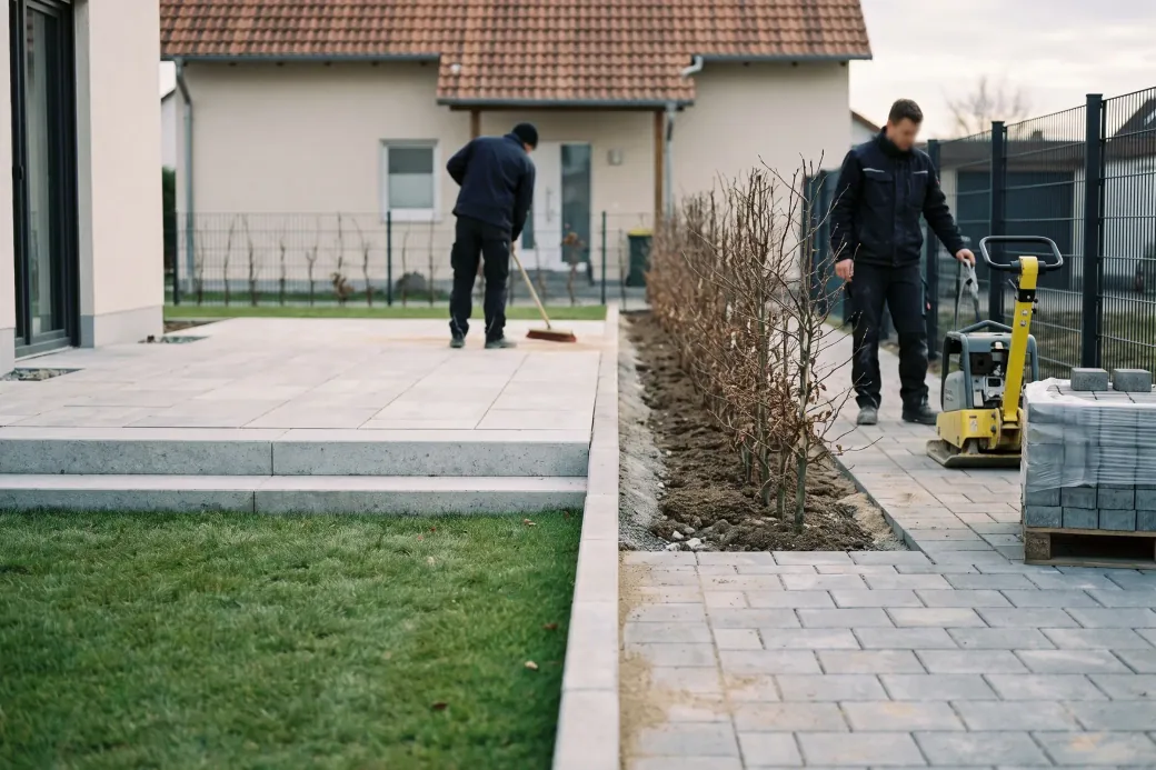Neue Natursteinterrasse und gepflasterte Einfahrt