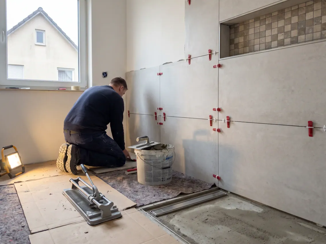 Bad im Bau: großformatige Wandfliesen, Mosaiknische und bodengleiche Dusche