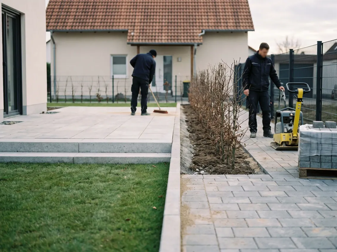 Natursteinterrasse und gepflasterte Einfahrt mit Rüttelplatte und neuem Zaun
