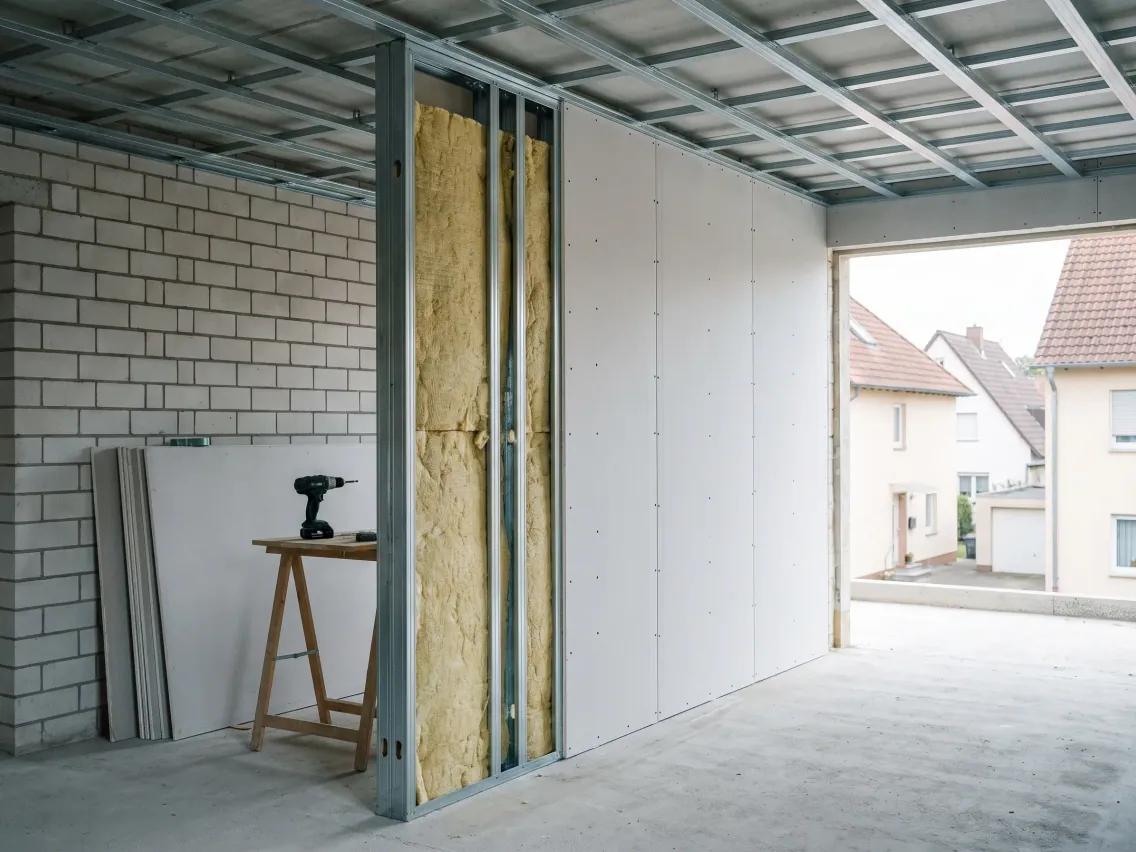 Trockenbau: Metallständerwand mit Dämmung und Gipskarton neben gemauerter Wand