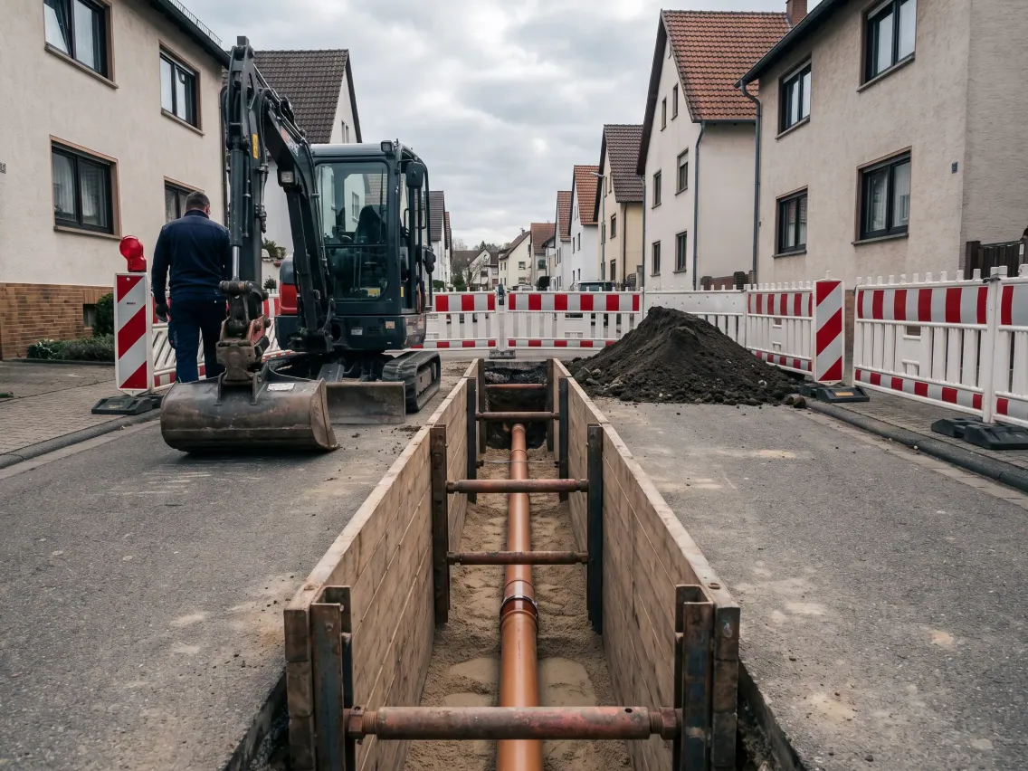 Kanalarbeiten: gesicherter Graben mit KG-Rohr im Sandbett, Minibagger am Grabenrand