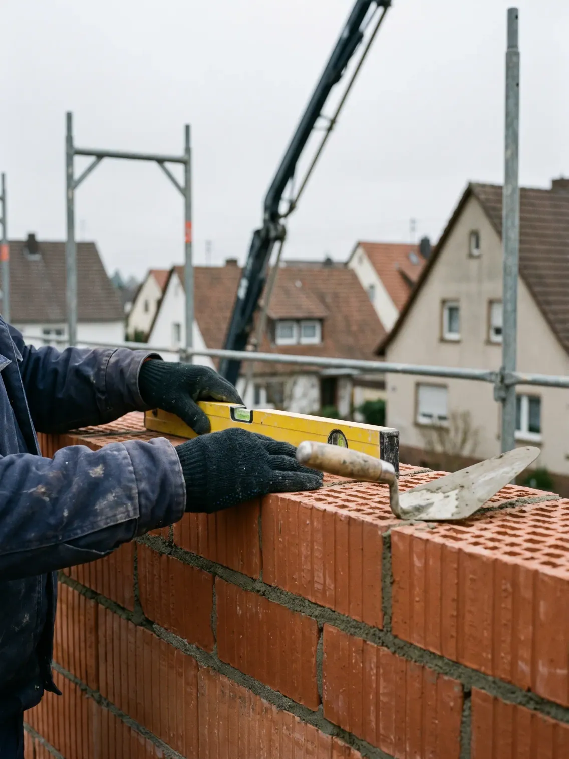 Maurerarbeit: Wasserwaage auf frisch gemauerter Ziegelwand